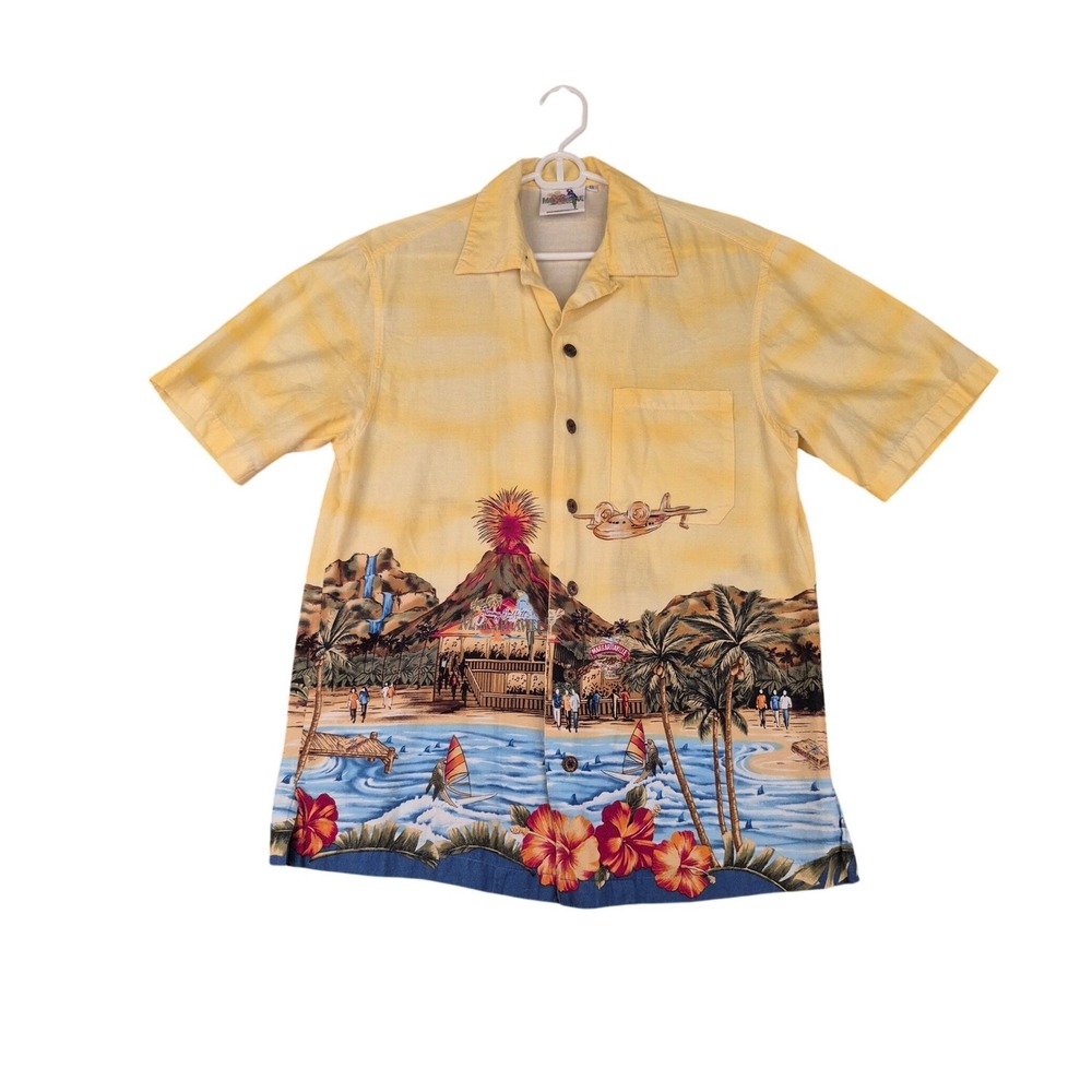 Margaritaville Mens Jimmy Buffett Volcano Seaplane Tropical‎ Camp Shirt Yellow S